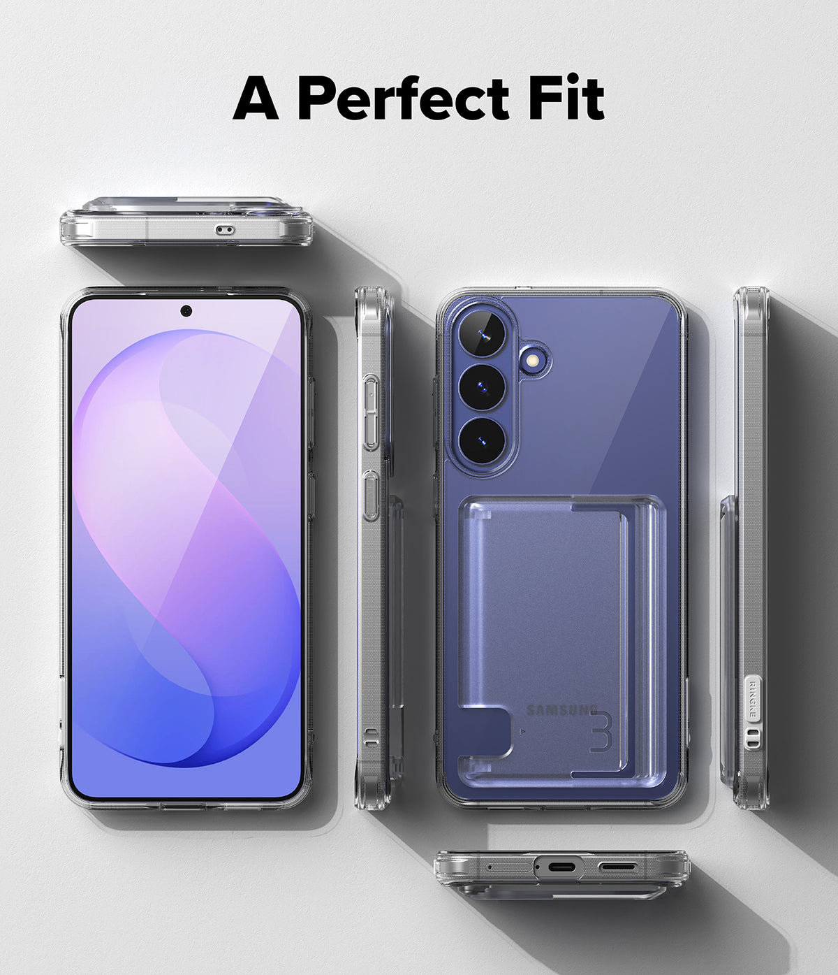 Galaxy S26 FE Case | Fusion Card - A clear protective phone case shown on a smartphone from multiple angles, with the back view highlighting a built-in card holder pocket. The text 'A Perfect Fit' appears at the top.