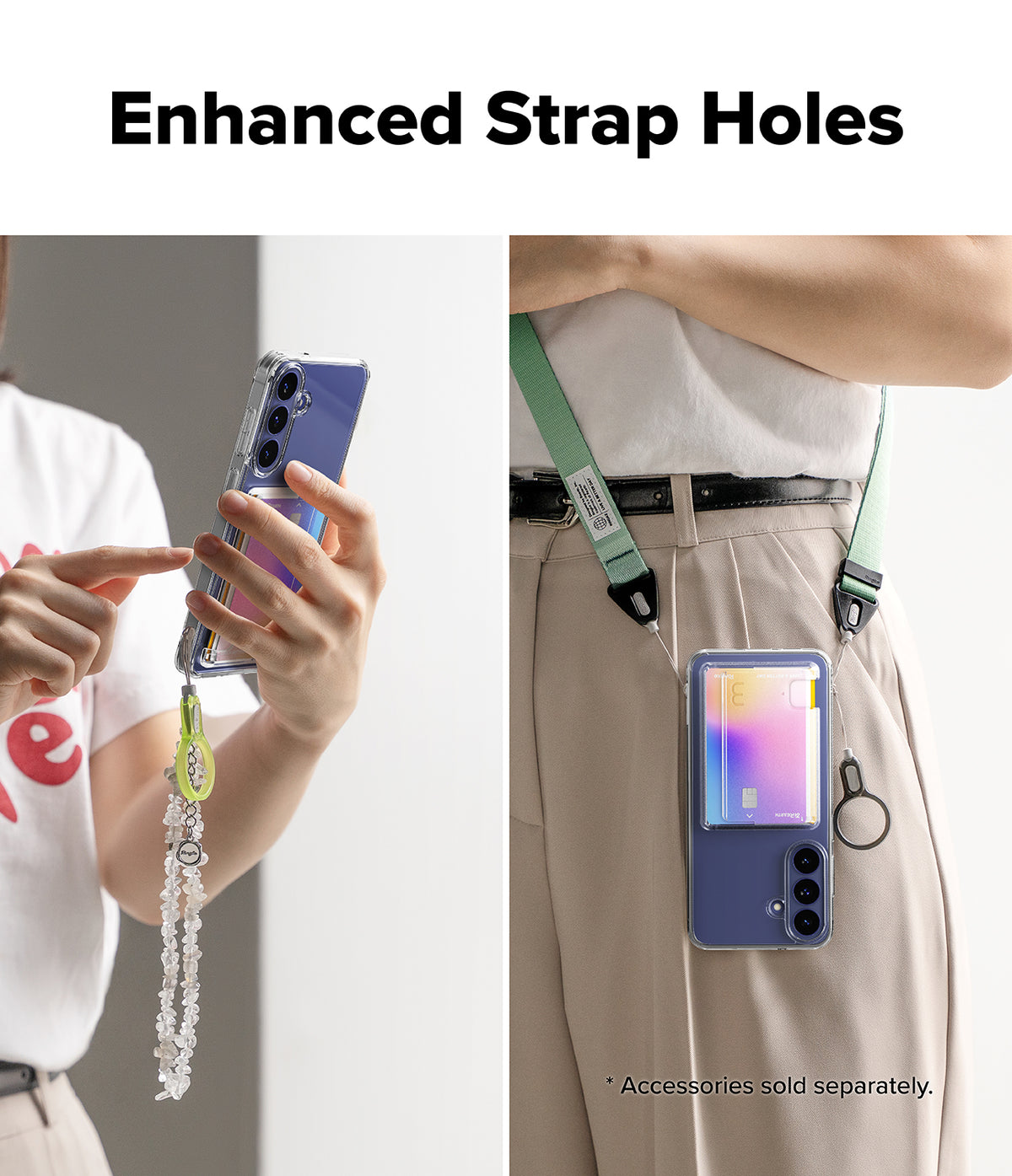 Galaxy S26 FE Case | Fusion Card - A promotional product image showing a clear phone strap accessory with a dangling charm in two usage views. The left panel shows a person holding a phone with the strap attached, and the right panel shows the strap worn around a person's waist with a phone hanging from it.