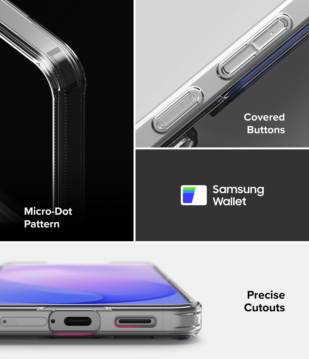 Galaxy S26 FE Case | Fusion Card - Transparent phone case shown in a multi-panel feature graphic. The panels highlight the clear case corner with a black phone insert, covered side buttons, a Samsung Wallet compatibility badge, and precise cutouts for charging and ports.
