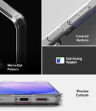 Bundle 15% Galaxy S26 FE Case + Screen / Camera Protectors | Fusion Card all-groups - Transparent phone case shown in a multi-panel feature graphic. The panels highlight the clear case corner with a black phone insert, covered side buttons, a Samsung Wallet compatibility badge, and precise cutouts for charging and ports.