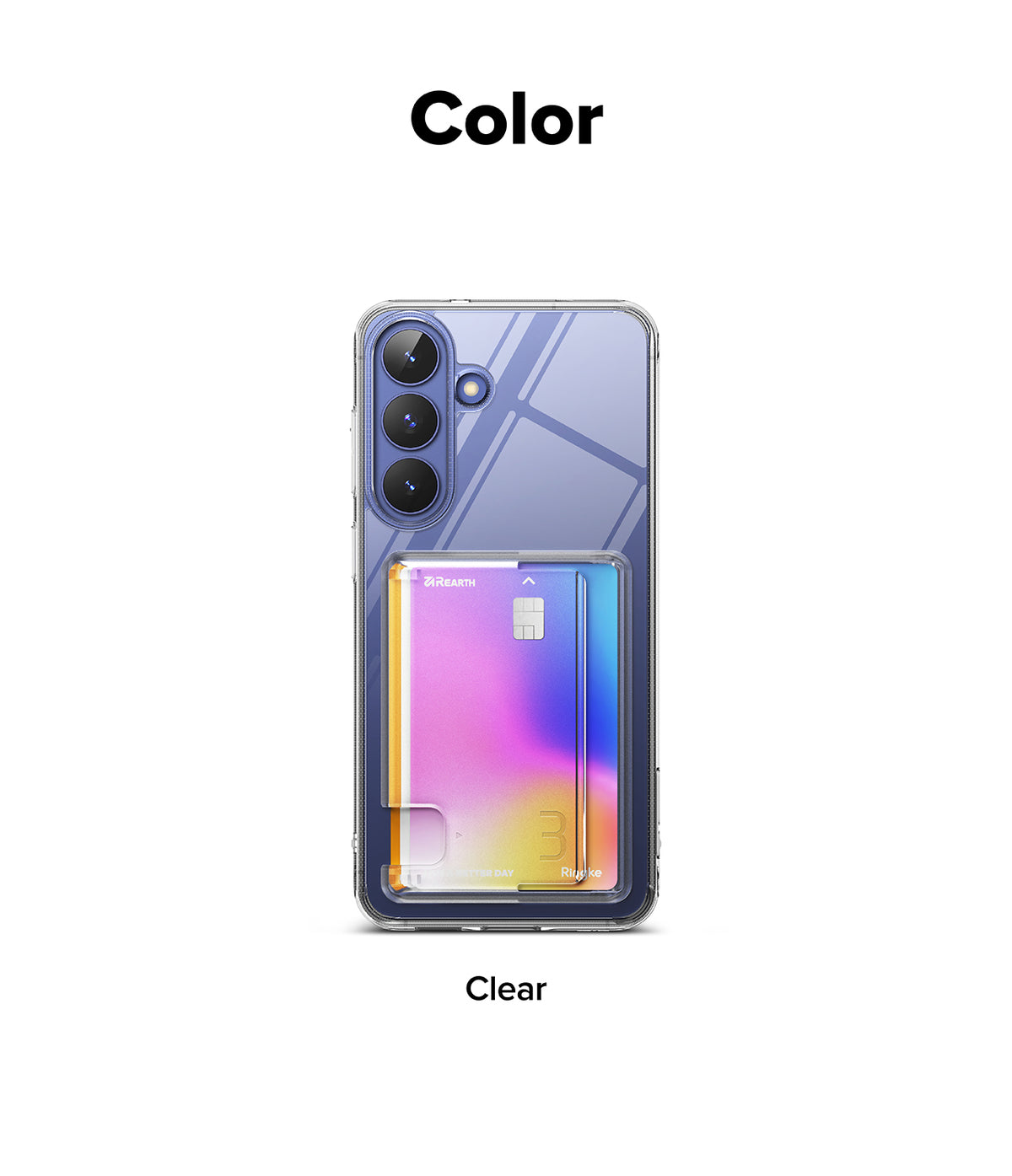 Galaxy S26 FE Case | Fusion Card - A clear phone case with a built-in card holder pocket, shown on a smartphone against a white background. The text 'Color' is at the top and 'Clear' is at the bottom, indicating the product variant.