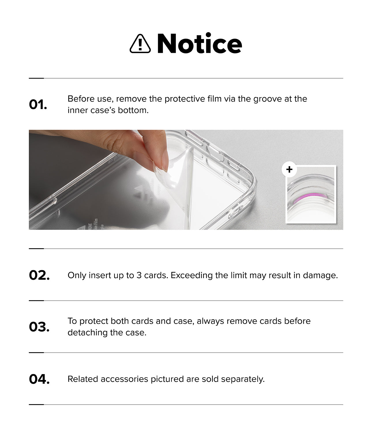 Galaxy S26 FE Case | Fusion Card - Instructions for using a card case with text and an inset image of a hand removing protective film.