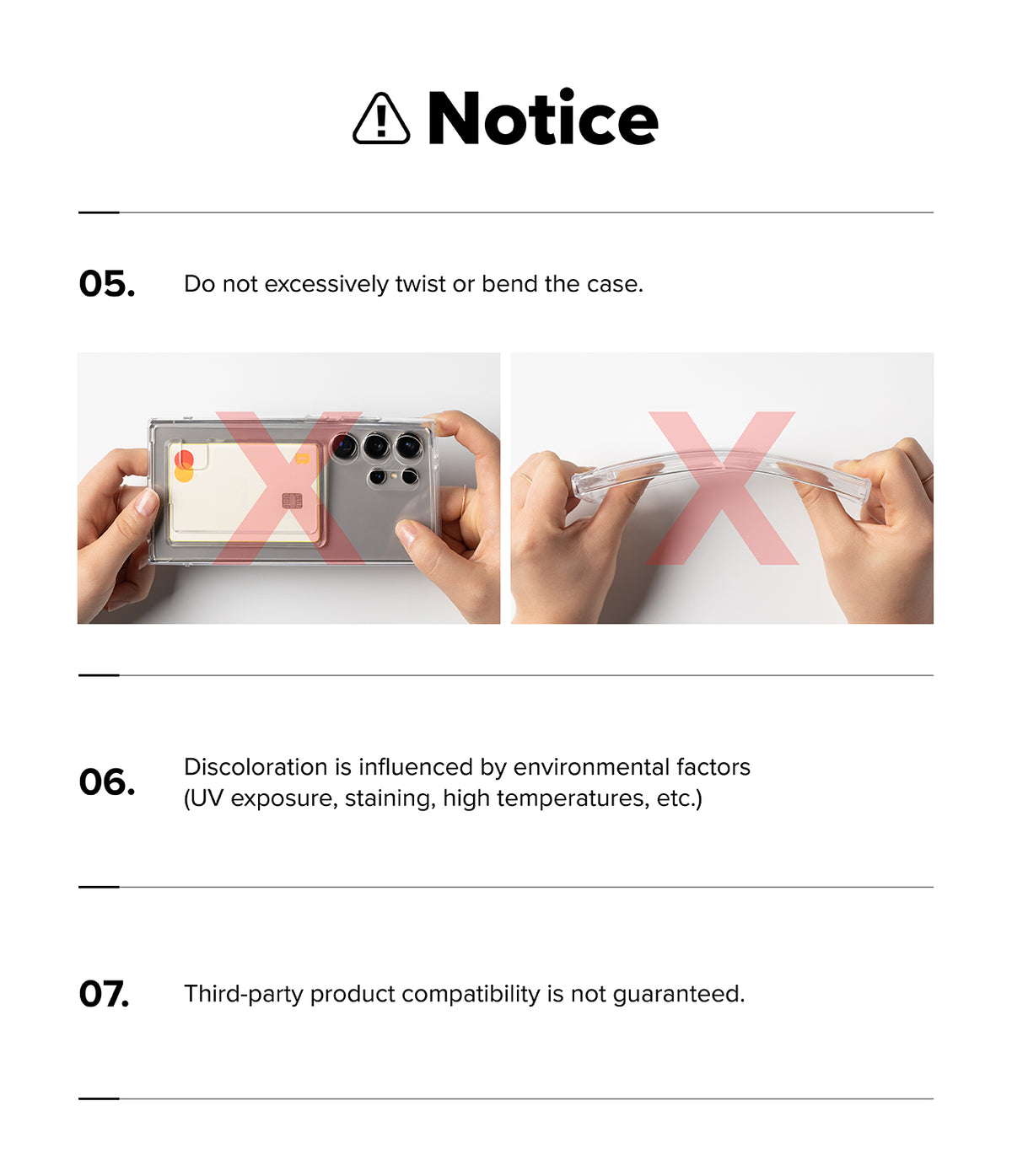 Galaxy S26 FE Case | Fusion Card - Instructions on handling a phone case with text and images showing correct and incorrect methods.