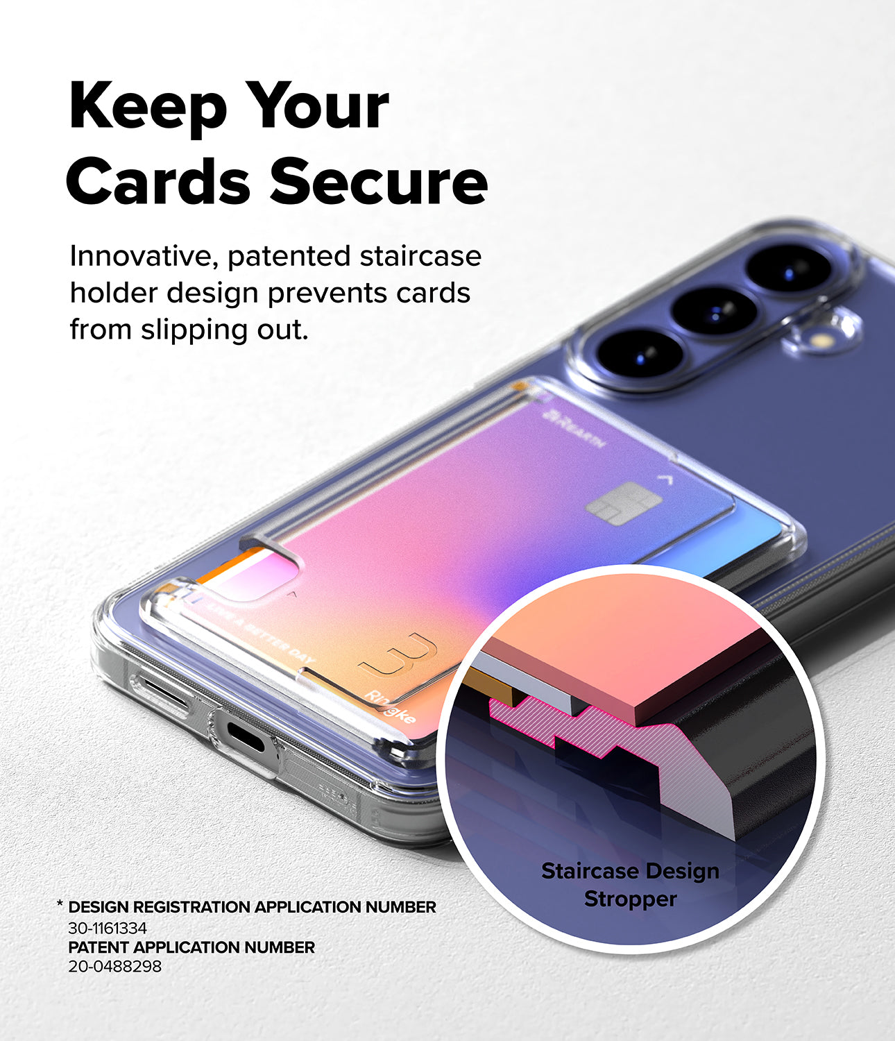 Galaxy S26 FE Case | Fusion Card - A clear smartphone case with a built-in staircase card holder design, shown attached to a phone with a card partially visible inside. Large text reads 'Keep Your Cards Secure' and a circular inset explains the staircase design with a 'Staircase Design Stropper.