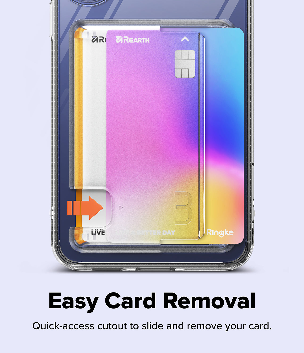 Galaxy S26 FE Case | Fusion Card - A transparent phone case with a quick-access cutout showing a colorful card partially slid out, with text reading 'Easy Card Removal' and smaller descriptive copy below on a pale blue background.