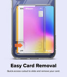 Bundle 15% Galaxy S26 FE Case + Screen / Camera Protectors | Fusion Card all-groups - A transparent phone case with a quick-access cutout showing a colorful card partially slid out, with text reading 'Easy Card Removal' and smaller descriptive copy below on a pale blue background.