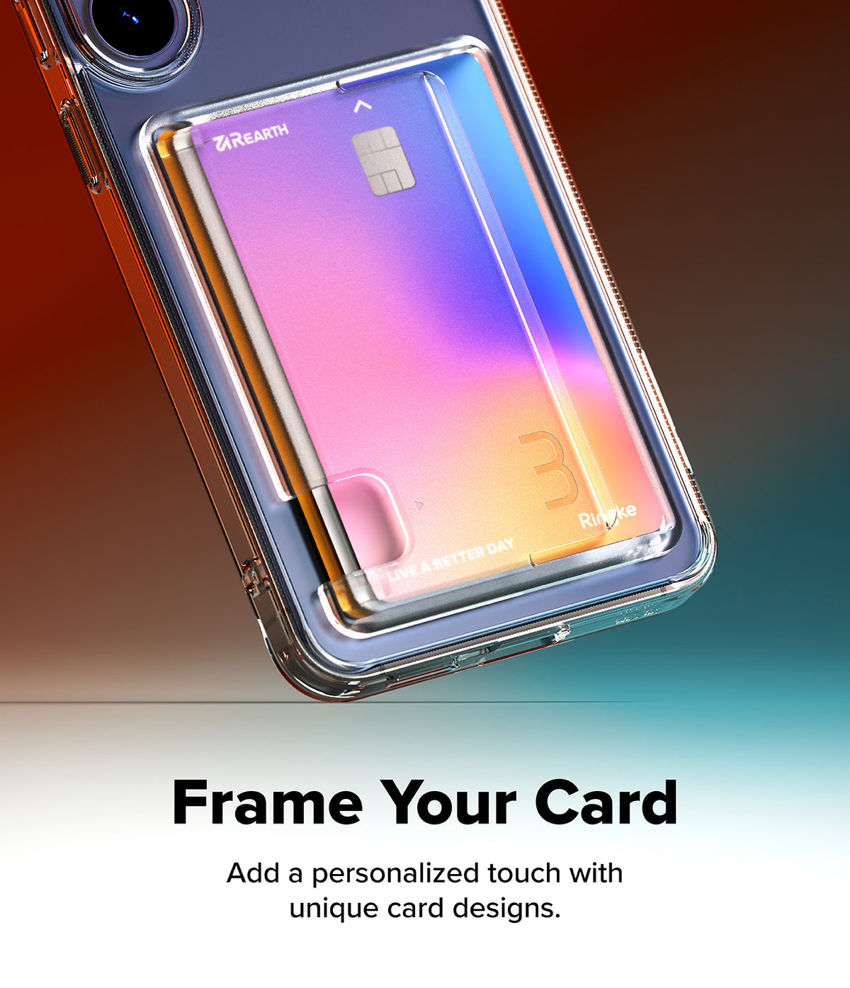 Galaxy S26 FE Case | Fusion Card - A clear phone case with a built-in card holder and transparent bumper frame, shown attached to a smartphone. The card holder area displays a colorful iridescent card insert with printed card details.