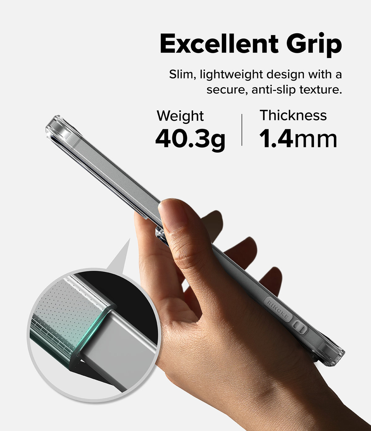 Galaxy S26 FE Case | Fusion Card - A hand holds a slim silver smartphone case against a light gray background, with text reading 'Excellent Grip' and 'Weight 31.2g | Thickness 1.