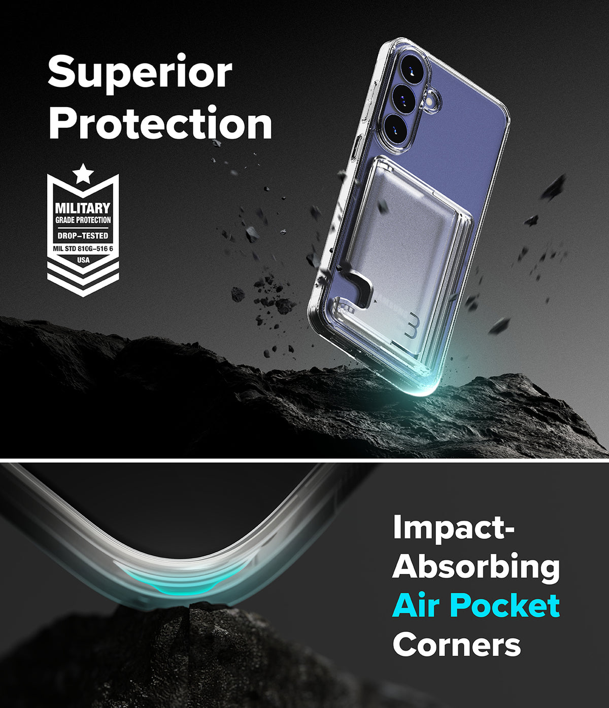 Galaxy S26 FE Case | Fusion Card - A clear protective phone case with an integrated air pocket and metallic blue back panel, shown floating above dark rocks with promotional text reading 'Superior Protection' and 'Impact-Absorbing Air Pocket Corners.'.