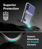 Galaxy S26 FE Case | Fusion Card - A clear protective phone case with an integrated air pocket and metallic blue back panel, shown floating above dark rocks with promotional text reading 'Superior Protection' and 'Impact-Absorbing Air Pocket Corners.'.