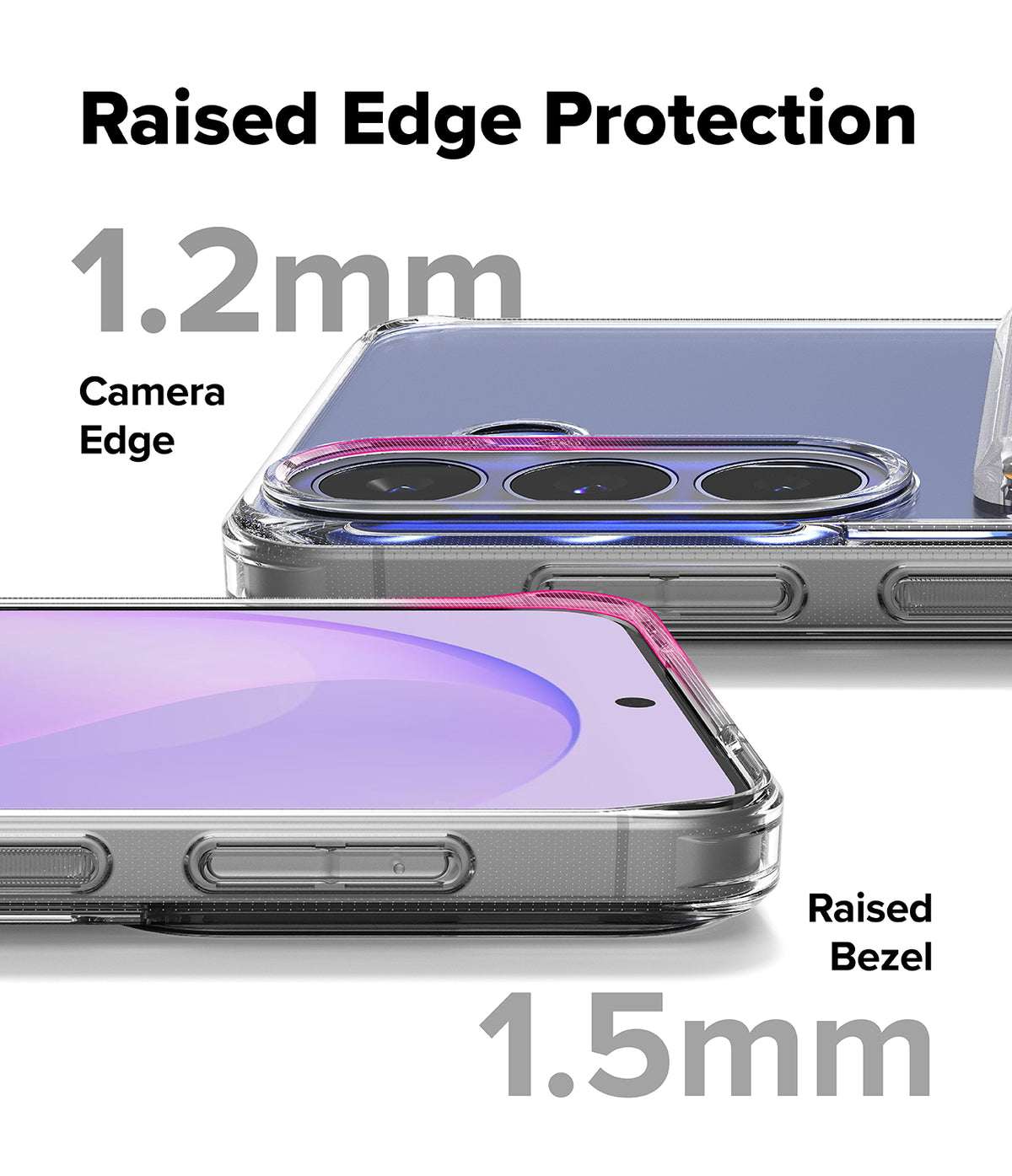 Galaxy S26 FE Case | Fusion Card - Transparent phone case with raised edges shown on two smartphone mockups, highlighting 1.2mm camera edge protection and 1.