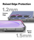 Galaxy S26 FE Case | Fusion Card - Transparent phone case with raised edges shown on two smartphone mockups, highlighting 1.2mm camera edge protection and 1.