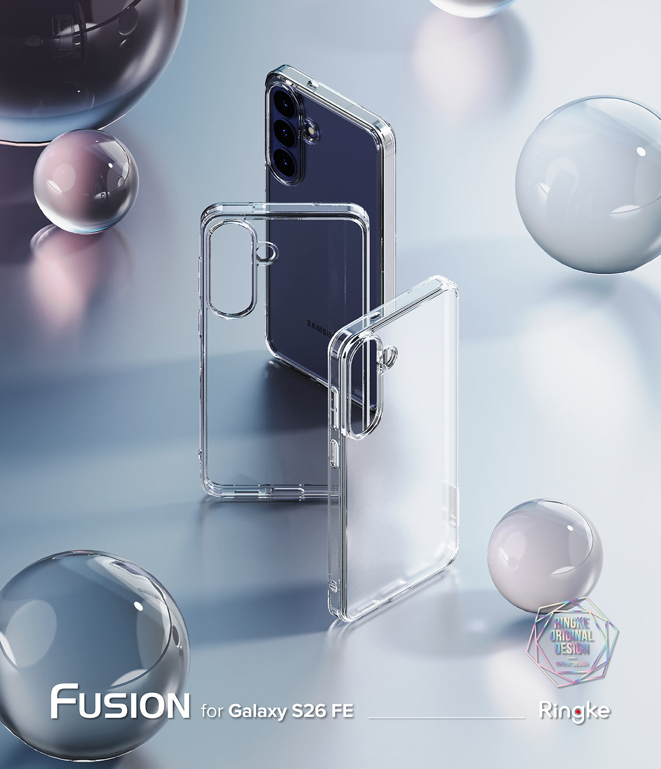 Galaxy S26 FE Case | Fusion - Clear protective phone case set shown on a smartphone, with two transparent cases standing upright and one case partially covering the phone. The image includes decorative glass spheres and text reading 'FUSION for Galaxy S26 FE' and 'Ringke'.