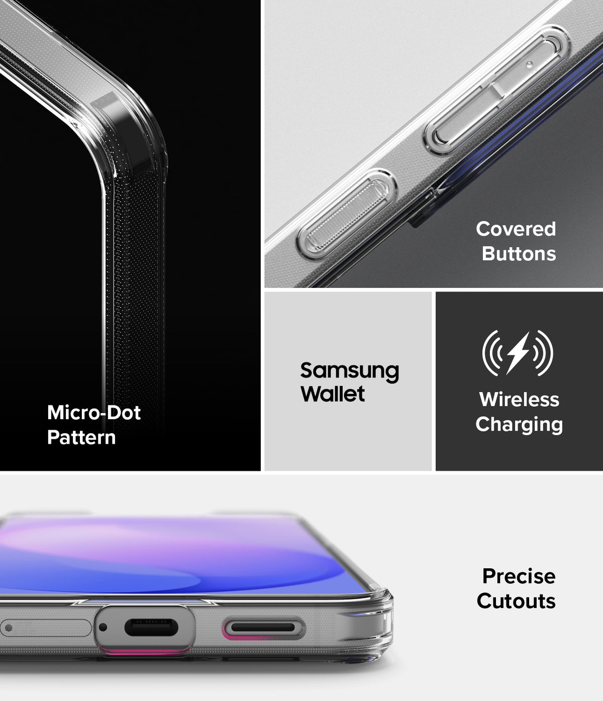 Galaxy S26 FE Case | Fusion - A transparent phone case shown in a multi-panel feature graphic with text labels including 'Micro-Dot Pattern', 'Covered Buttons', 'Samsung Wallet', 'Wireless Charging', and 'Precise Cutouts'. The panels demonstrate the case's transparency, button coverage, and compatibility with Samsung features.