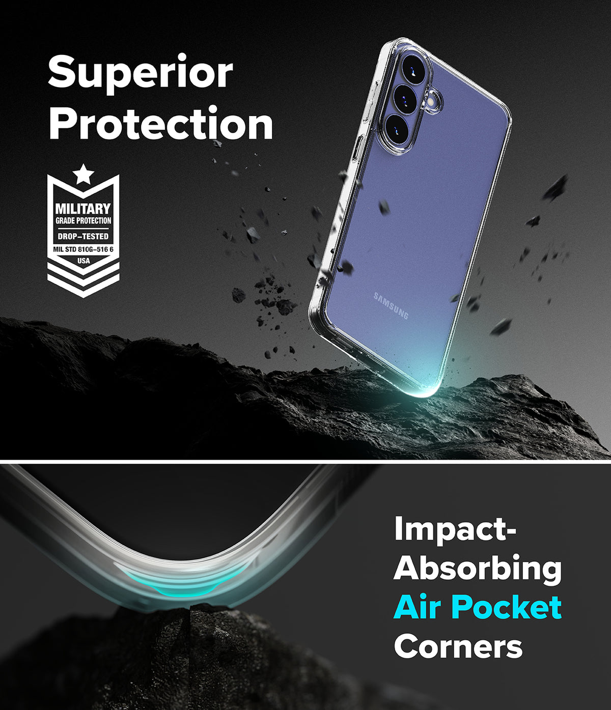 Galaxy S26 FE Case | Fusion - A clear protective phone case shown on a Samsung smartphone, with marketing text reading 'Superior Protection' and 'Impact-Absorbing Air Pocket Corners.' The case appears transparent with a blue-purple phone visible underneath, set against a dark dramatic background with rocky terrain and floating debris.
