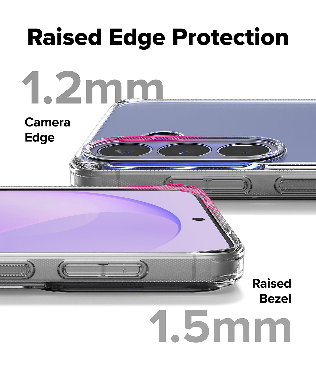 Galaxy S26 FE Case | Fusion - Promotional graphic for a transparent phone case showing two views of a smartphone with a clear case. Large text reads 'Raised Edge Protection', '1.