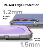 Bundle 15% Galaxy S26 FE Case | Fusion all-groups - Promotional graphic for a transparent phone case showing two views of a smartphone with a clear case. Large text reads 'Raised Edge Protection', '1.