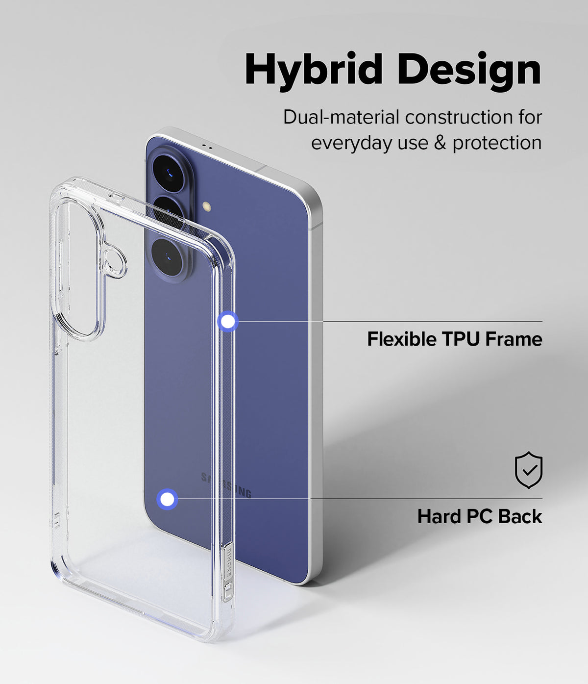 Galaxy S26 FE Case | Fusion - Transparent phone case with a blue smartphone shown on a light gray background, with text reading 'Hybrid Design' and callouts for 'Flexible TPU Frame' and 'Hard PC Back'.