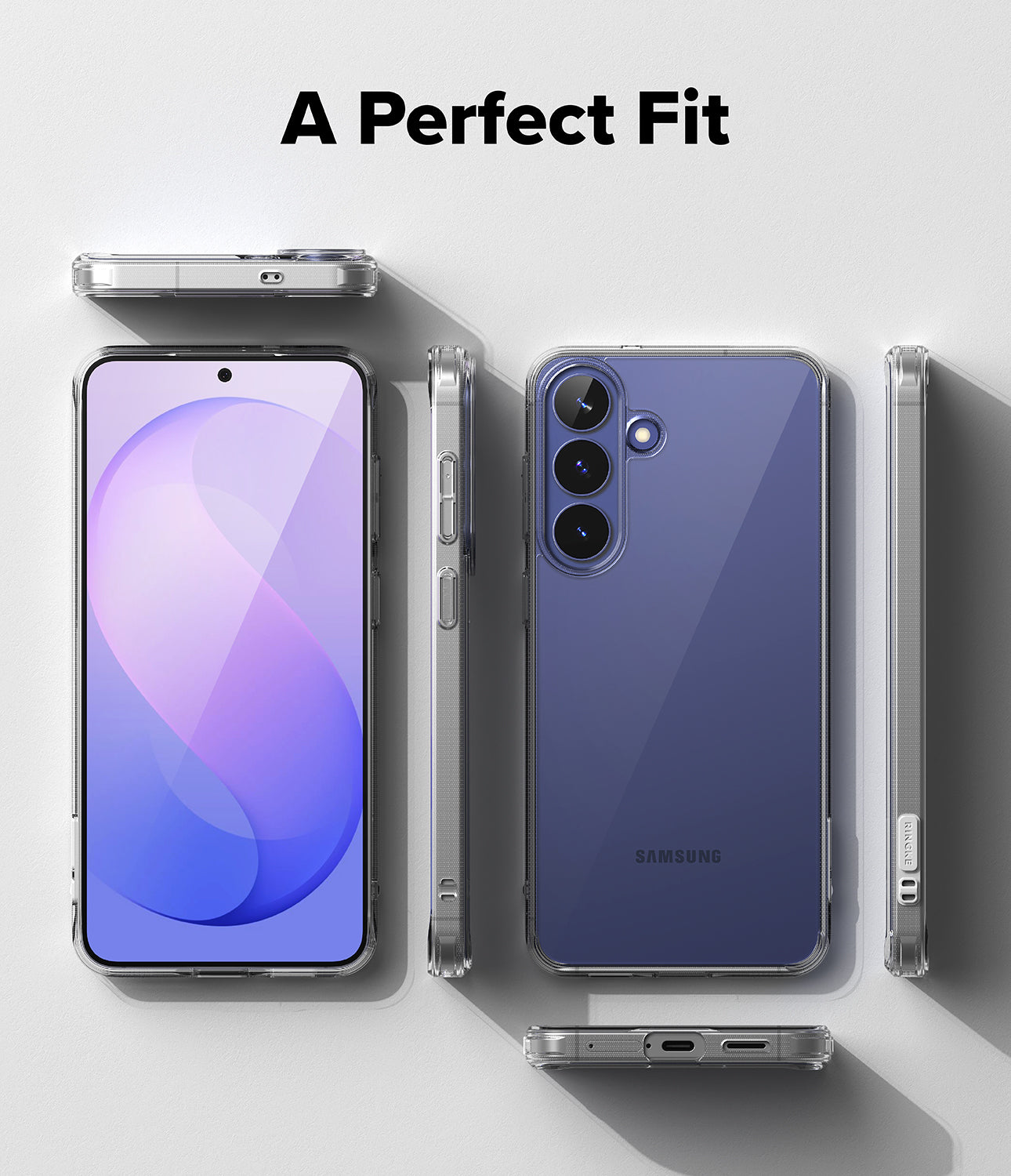 Galaxy S26 FE Case | Fusion - A clear transparent phone case shown fitted around a Samsung smartphone from multiple angles on a light gray background, with the text 'A Perfect Fit' at the top.