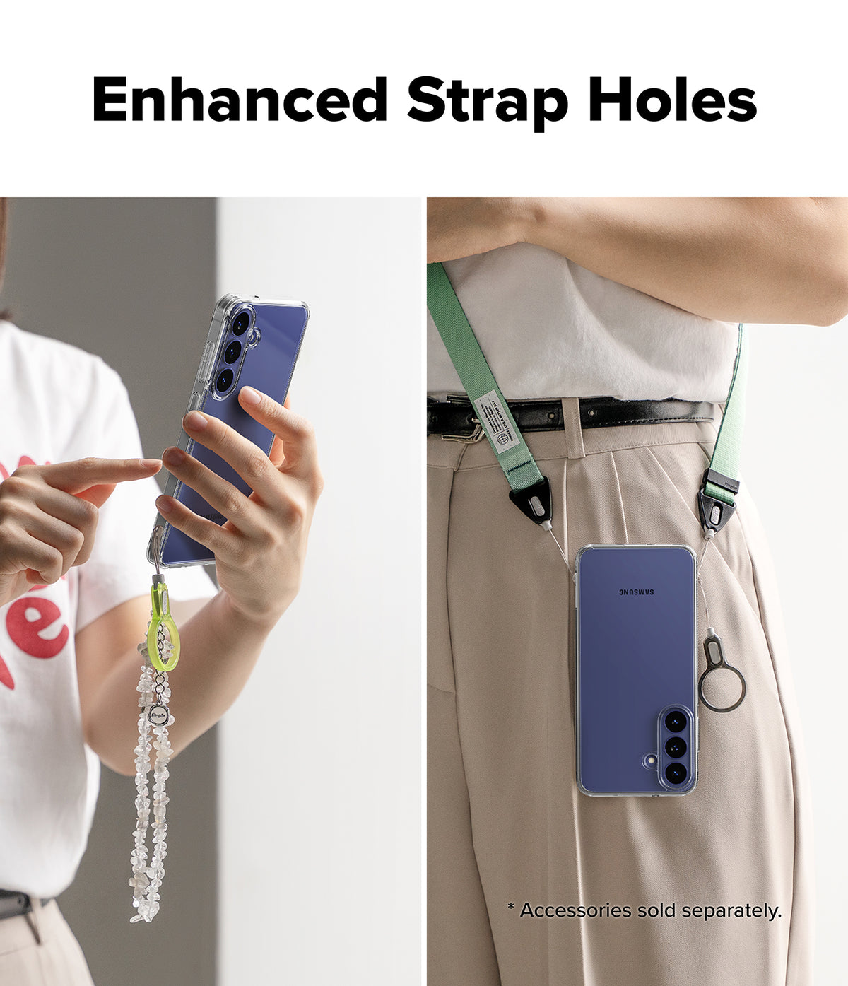 Galaxy S26 FE Case | Fusion - A promotional product image showing a phone strap accessory with enhanced strap holes. The left panel shows a person holding a blue smartphone with a clear wrist strap and dangling charm.