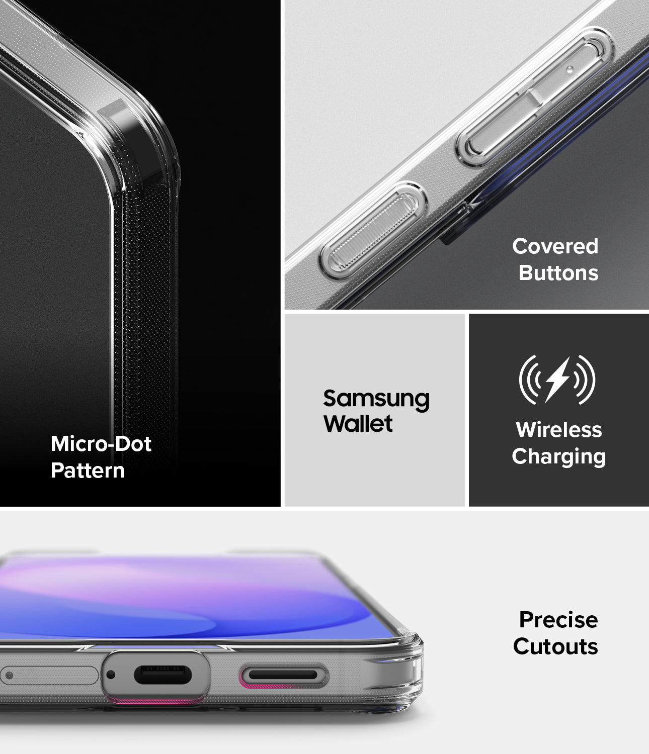 Galaxy S26 FE Case | Fusion Matte - A collage showing a transparent phone case with feature callouts: a black phone corner with Micro-Dot Pattern, a close-up of covered buttons, wireless charging icon, and a phone bottom with precise cutouts.
