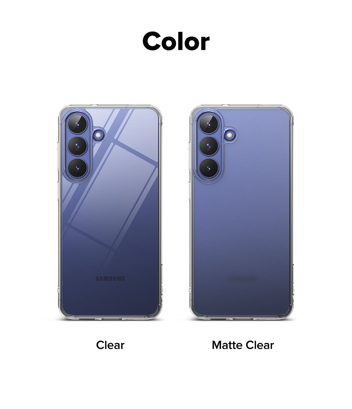 Galaxy S26 FE Case | Fusion Matte - A color comparison graphic showing two views of a Samsung smartphone case on a white background, labeled 'Color' at the top. The left case is labeled 'Clear' and appears transparent with a blue-purple phone underneath visible through it.