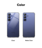 Galaxy S26 FE Case | Fusion Matte - A color comparison graphic showing two views of a Samsung smartphone case on a white background, labeled 'Color' at the top. The left case is labeled 'Clear' and appears transparent with a blue-purple phone underneath visible through it.