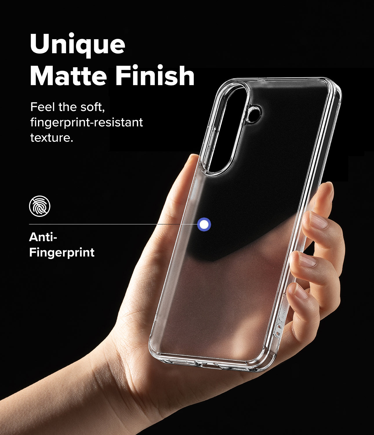 Galaxy S26 FE Case | Fusion Matte - A hand holds a clear smartphone case with a matte finish against a black background. White text on the left reads 'Unique Matte Finish' and 'Feel the soft, fingerprint-resistant texture.