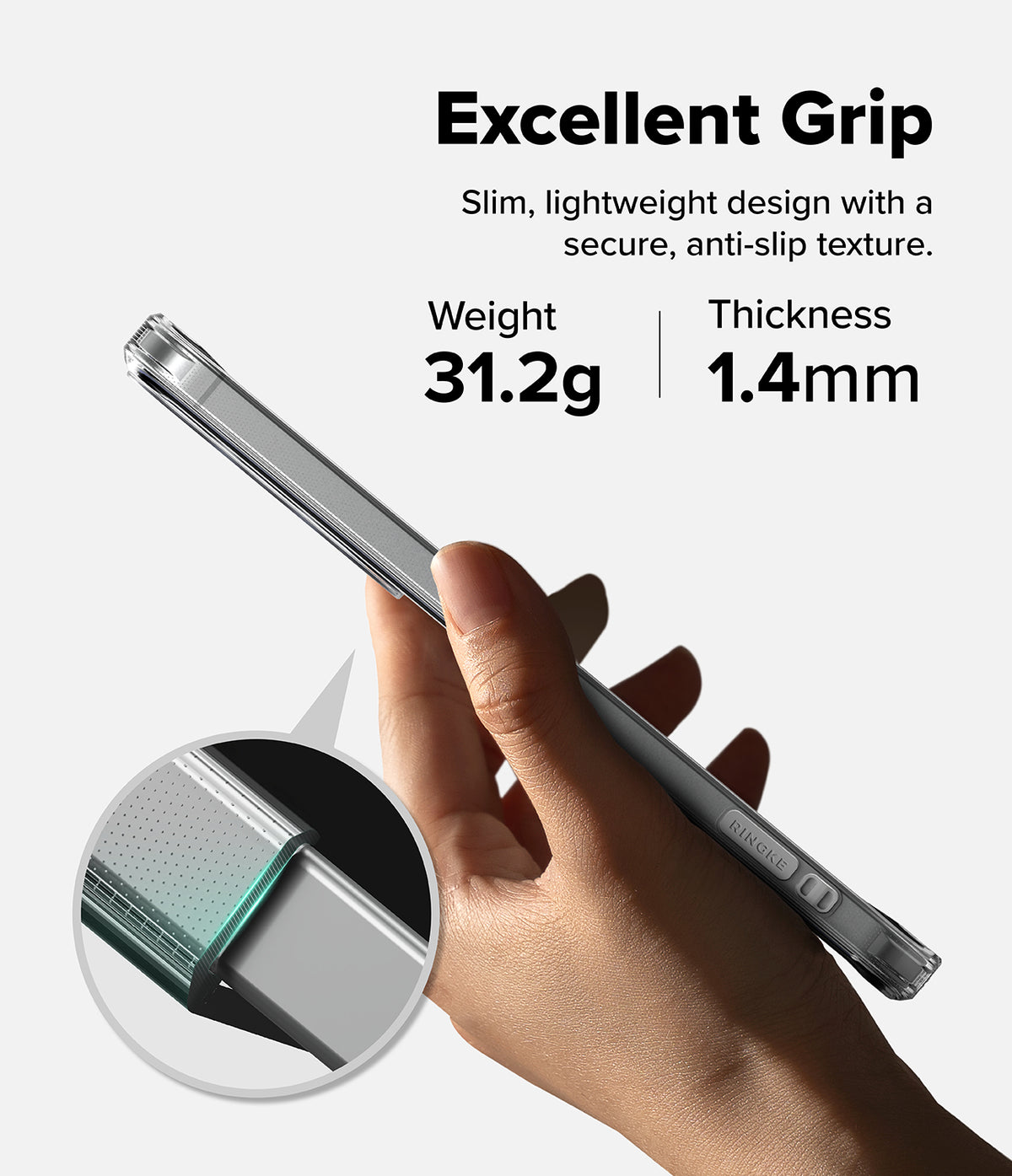 Galaxy S26 FE Case | Fusion Matte - A hand holds a slim silver smartphone case against a light gray background, with text reading 'Excellent Grip' and 'Weight 31.2g | Thickness 1.