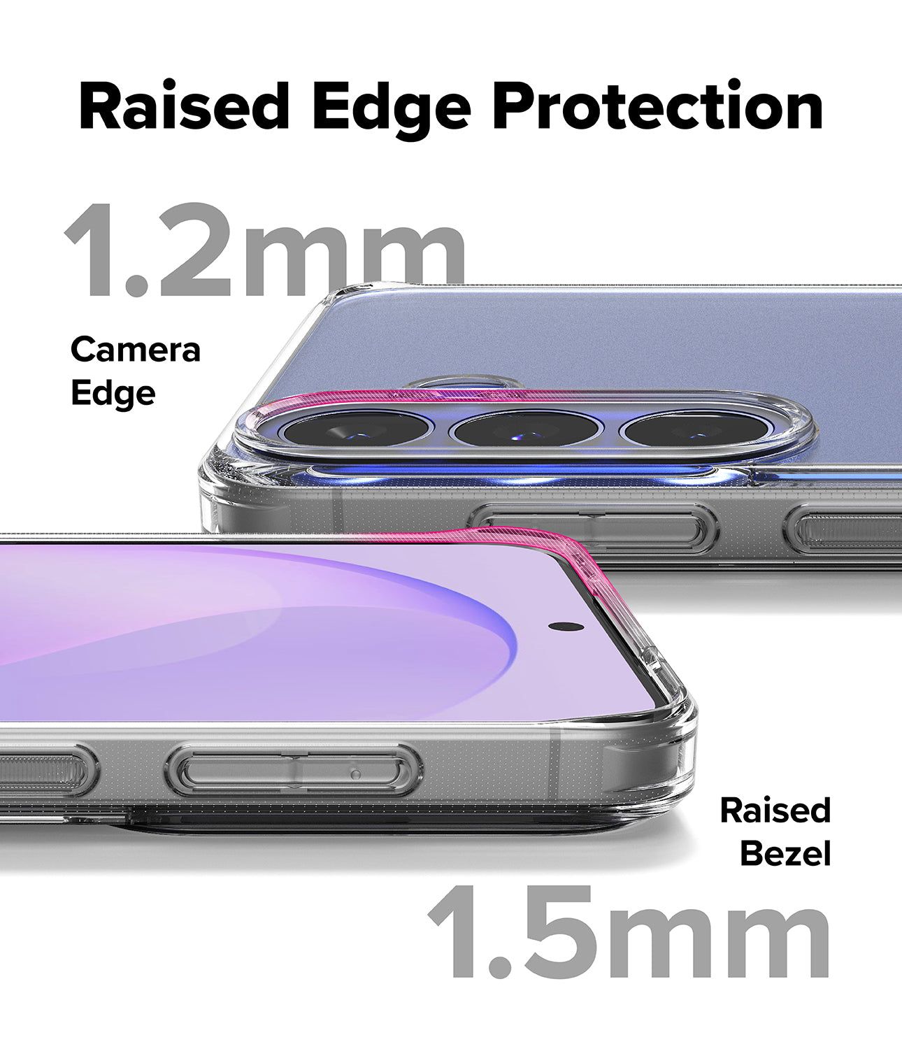 Galaxy S26 FE Case | Fusion Matte - Promotional graphic for a transparent phone case showing two views of a smartphone with raised edges. Large text reads 'Raised Edge Protection', '1.