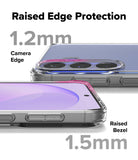Galaxy S26 FE Case | Fusion Matte - Promotional graphic for a transparent phone case showing two views of a smartphone with raised edges. Large text reads 'Raised Edge Protection', '1.