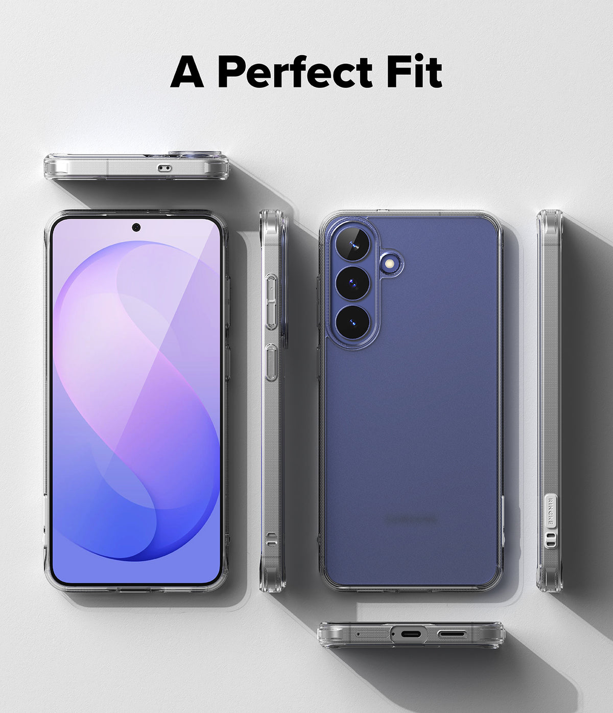 Galaxy S26 FE Case | Fusion Matte - A clear phone case shown on a smartphone from multiple angles, with the text 'A Perfect Fit' at the top. The phone back view reveals a slate blue phone underneath, while the side and top views show the transparent case fitted closely around the device.