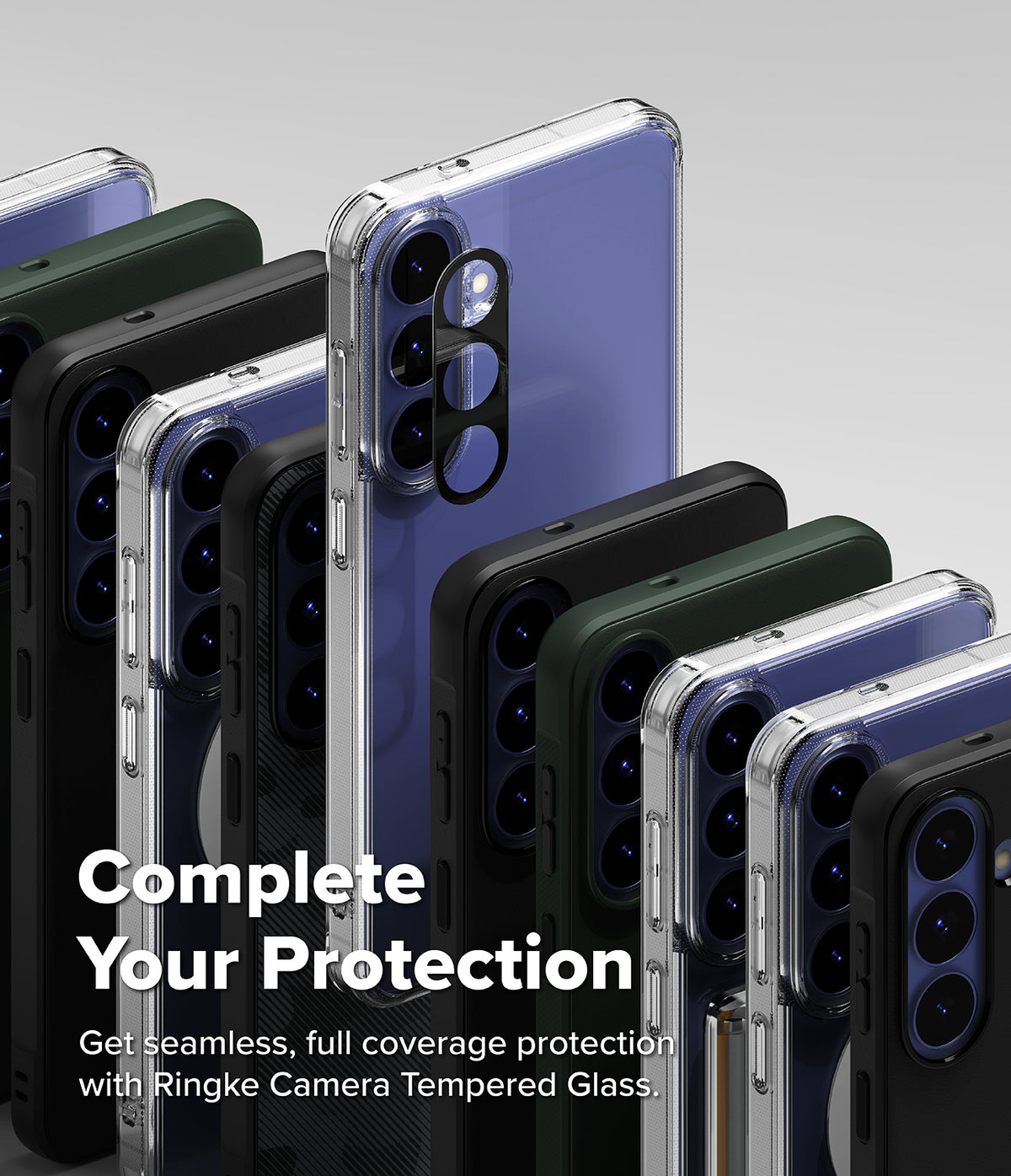 Galaxy S26 FE Case | Fusion Matte - A promotional product image showing multiple smartphone cases in different colors and finishes, including clear, black, dark green, and blue, arranged in a fan-like composition. The text overlay reads 'Complete Your Protection' and 'Get seamless, full coverage protection with Ringke Camera Tempered Glass.