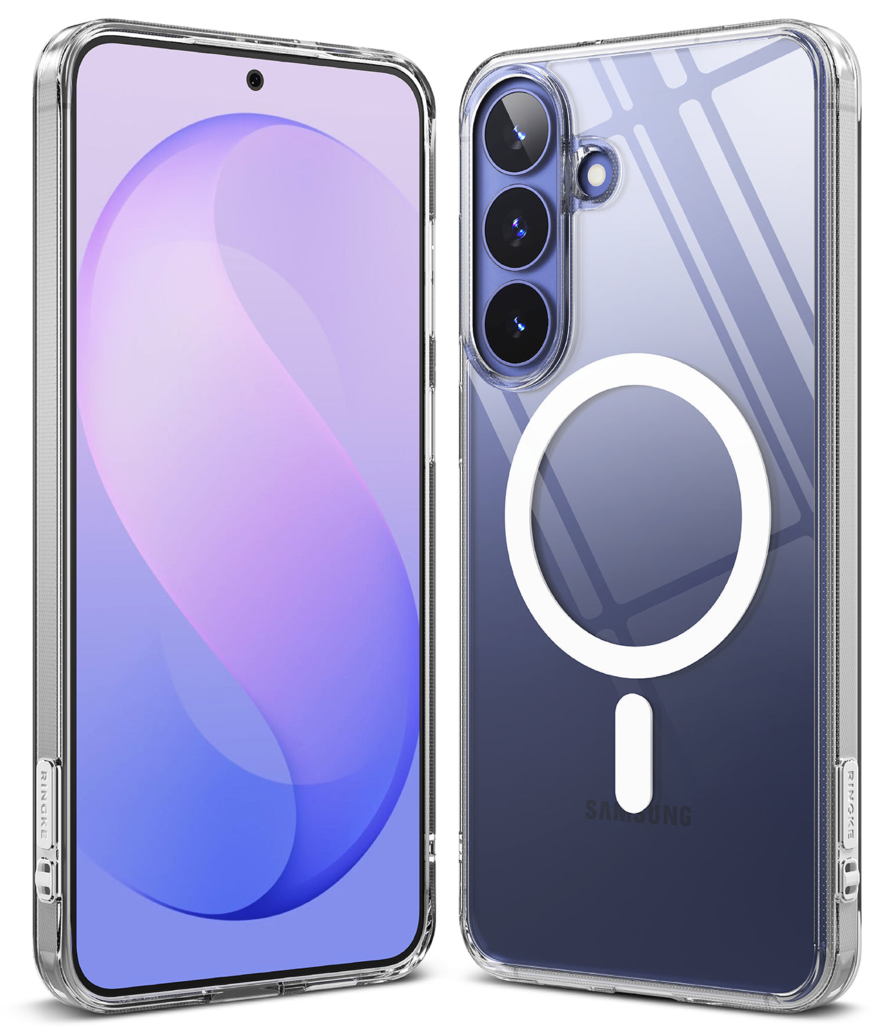Galaxy S26 FE Case | Fusion Magnetic - A clear protective phone case shown on a Samsung smartphone, with the front view on the left and the back view on the right. The back view features a white circular MagSafe ring and a small white vertical tab, set against a clean white background.