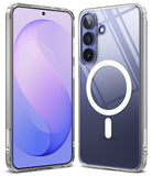 Galaxy S26 FE Case | Fusion Magnetic - A clear protective phone case shown on a Samsung smartphone, with the front view on the left and the back view on the right. The back view features a white circular MagSafe ring and a small white vertical tab, set against a clean white background.