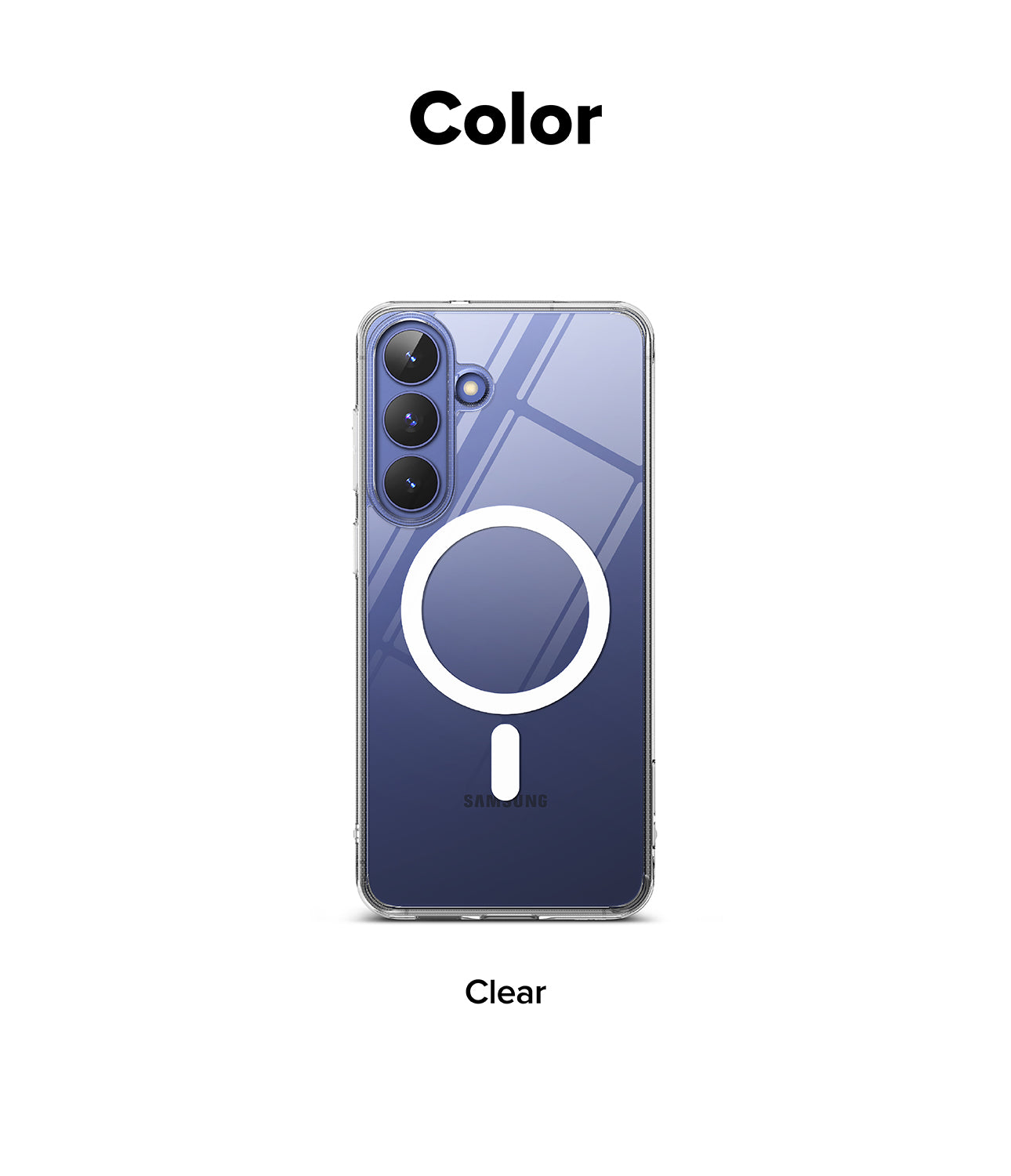 Galaxy S26 FE Case | Fusion Magnetic - A clear phone case shown on a smartphone against a white background, with the word 'Color' at the top and 'Clear' at the bottom. The case appears transparent with a blue-purple tinted back panel and a white circular MagSafe-style ring graphic.