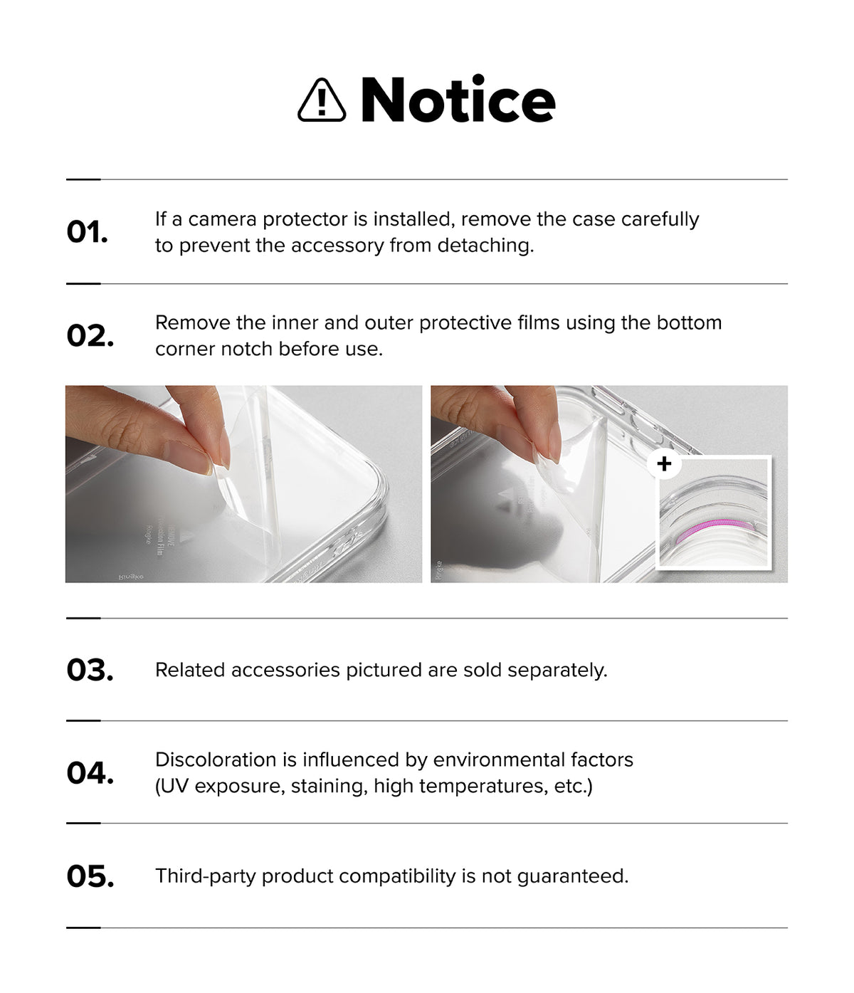 Galaxy S26 FE Case | Fusion Magnetic - A white instruction sheet with a bold 'Notice' header and five numbered points in black text, including two small photos demonstrating how to remove protective films from a clear phone case.