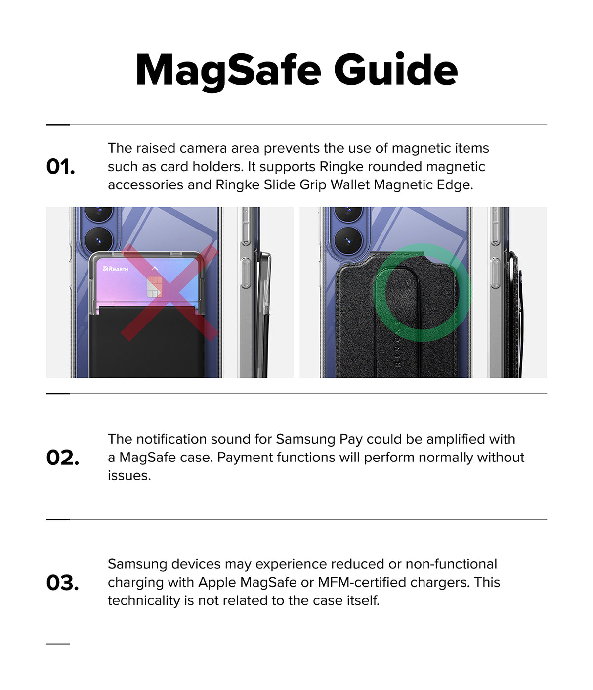 Galaxy S26 FE Case | Fusion Magnetic - A MagSafe compatibility and usage guide infographic with text and two small demonstration photos showing a phone case and magnetic accessories.