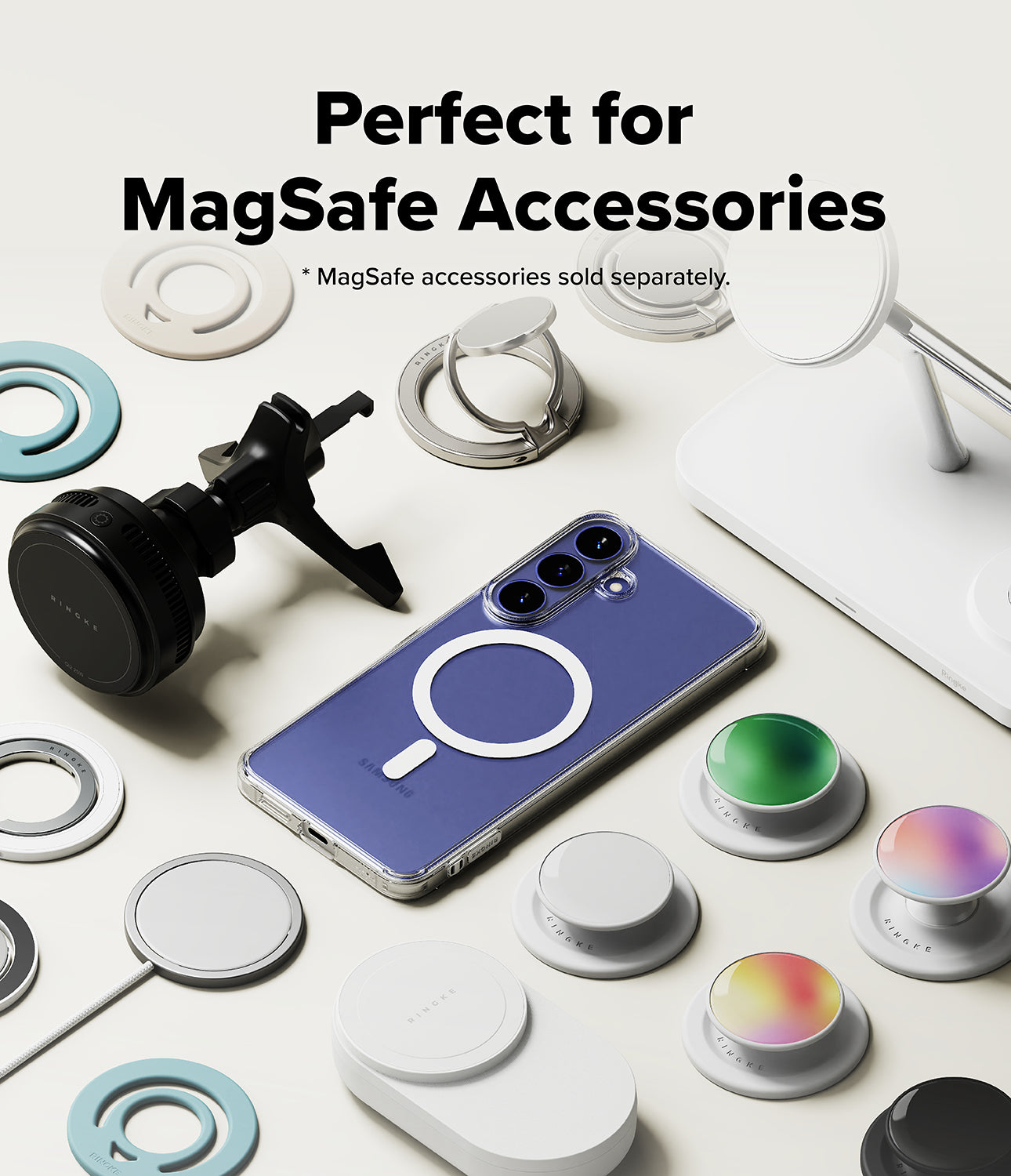 Galaxy S26 FE Case | Fusion Magnetic - A blue smartphone with a MagSafe ring is surrounded by various MagSafe accessories, including magnetic mounts, rings, and charging stands, on a clean white background with text reading 'Perfect for MagSafe Accessories'.