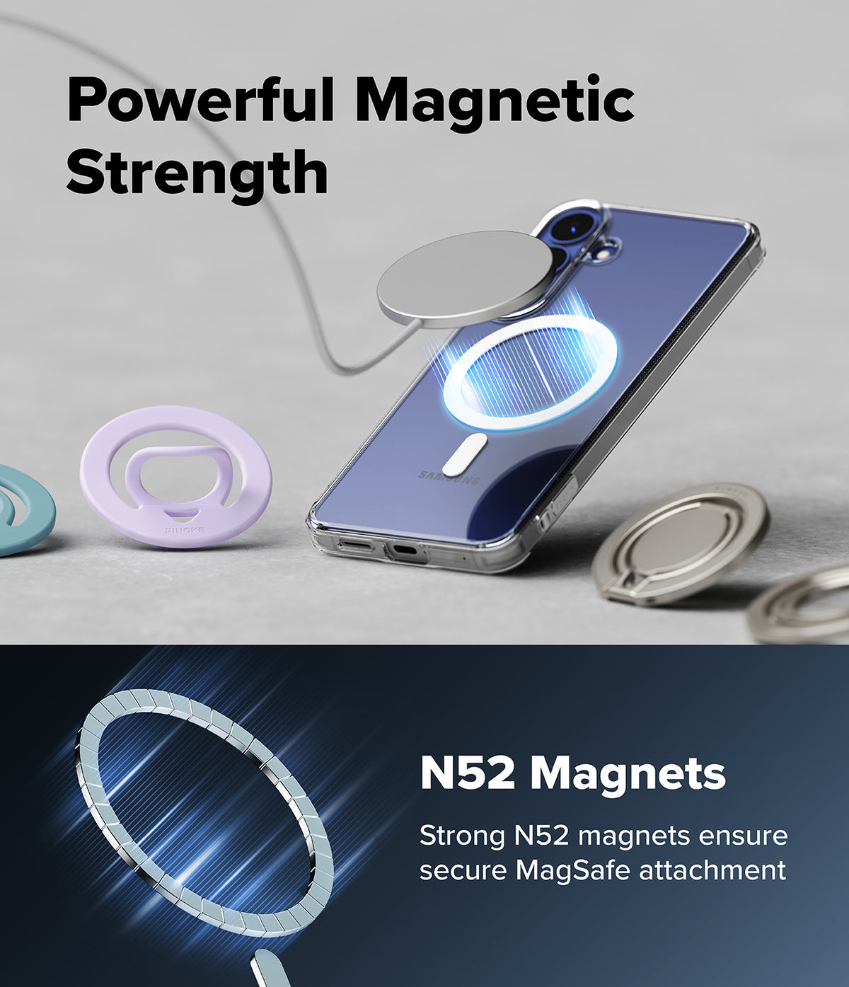 Galaxy S26 FE Case | Fusion Magnetic - A clear smartphone case with built-in magnetic ring stands and a blue magnetic charging pad, shown on a phone. The image includes marketing text reading 'Powerful Magnetic Strength' and 'N52 Magnets' with a dark blue lower section showing magnetic ring details.