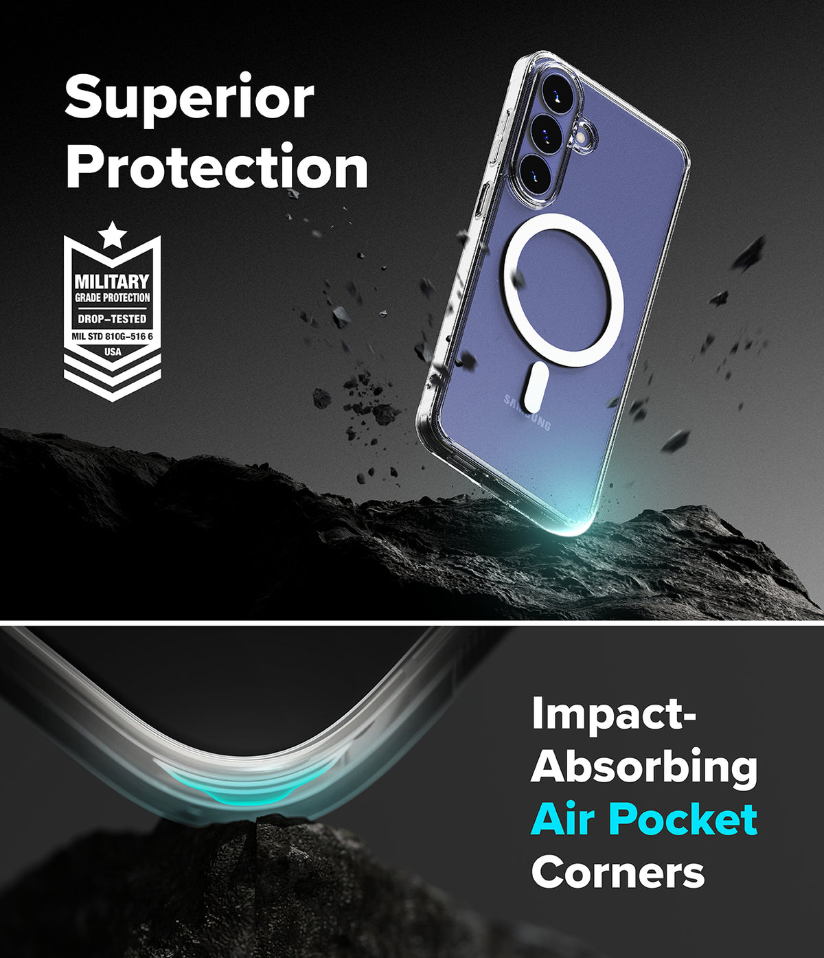 Galaxy S26 FE Case | Fusion Magnetic - A clear protective phone case with a circular MagSafe ring is shown on a smartphone against a dark rocky background. Text reads 'Superior Protection' and 'Impact-Absorbing Air Pocket Corners,' with a military drop-test badge on the left.