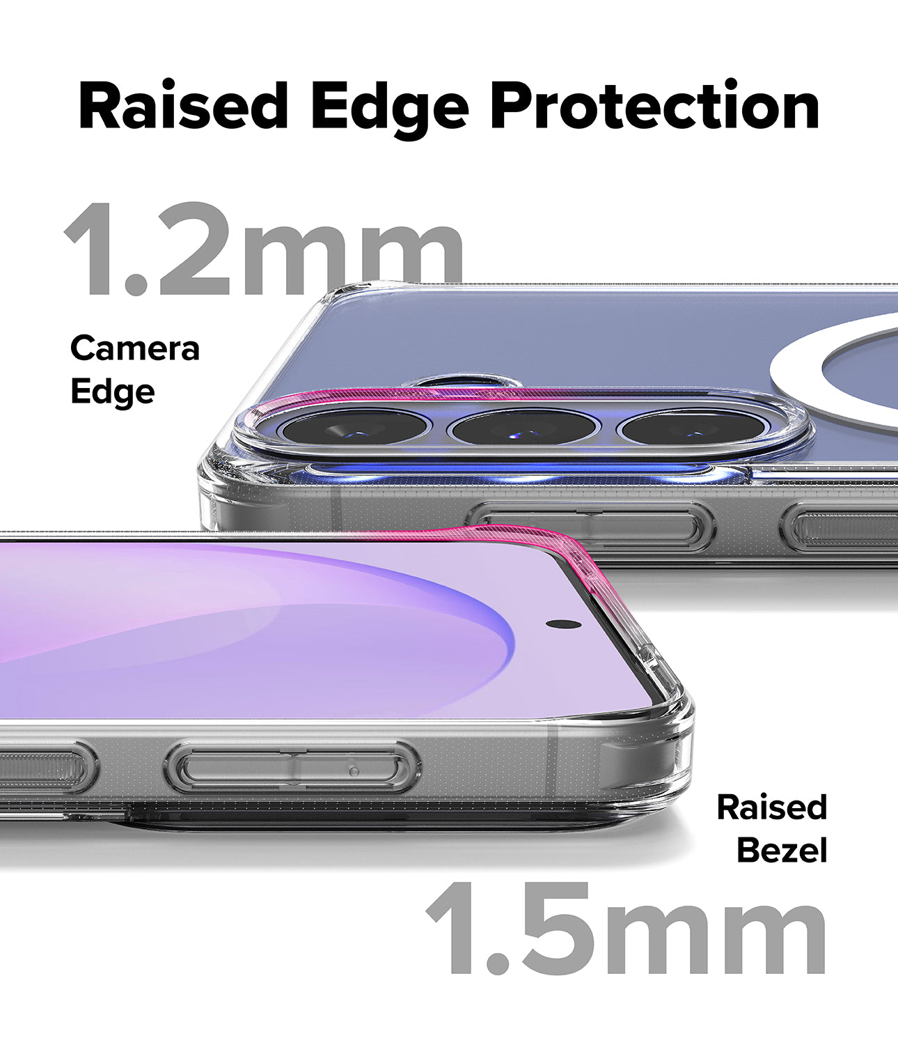 Galaxy S26 FE Case | Fusion Magnetic - Transparent phone case with raised edge protection shown on a smartphone, with text labels indicating 1.2mm camera edge protection and 1.