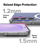 Galaxy S26 FE Case | Fusion Magnetic - Transparent phone case with raised edge protection shown on a smartphone, with text labels indicating 1.2mm camera edge protection and 1.