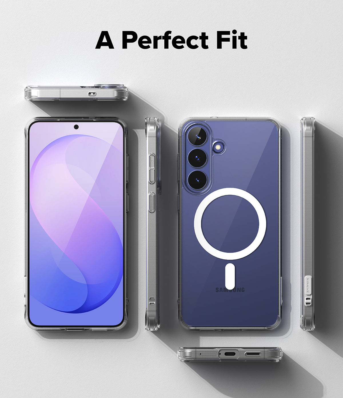 Galaxy S26 FE Case | Fusion Magnetic - A clear phone case shown on a smartphone from multiple angles, with the back view featuring a large white circular MagSafe-style ring graphic. The image includes the text 'A Perfect Fit' at the top and is set on a clean light gray background.