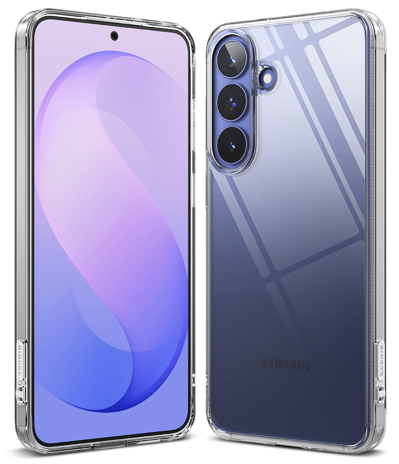 Galaxy S26 FE Case | Fusion - A clear protective phone case shown on a Samsung smartphone, with front and back views displayed side by side against a clean white background.