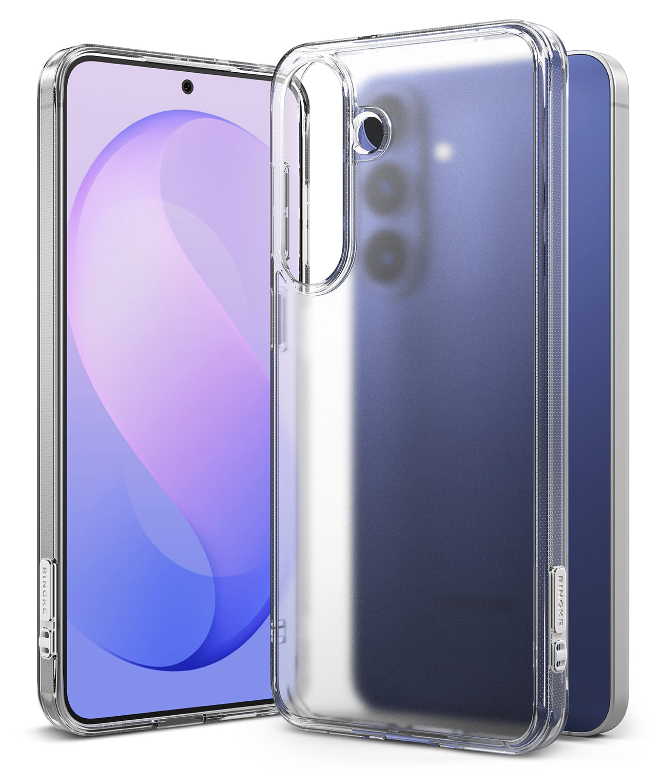 Galaxy S26 FE Case | Fusion Matte - A clear protective phone case shown on a smartphone, with the front view of the phone on the left and the back view of the phone in the case on the right, against a clean white background.