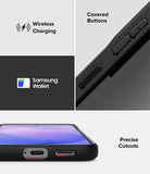 Bundle 15% Galaxy S26 FE Case + Screen / Camera Protectors | Onyx all-groups - A black protective phone case shown in a four-panel feature graphic. The panels highlight wireless charging, covered buttons, Samsung Wallet compatibility, and precise cutouts.
