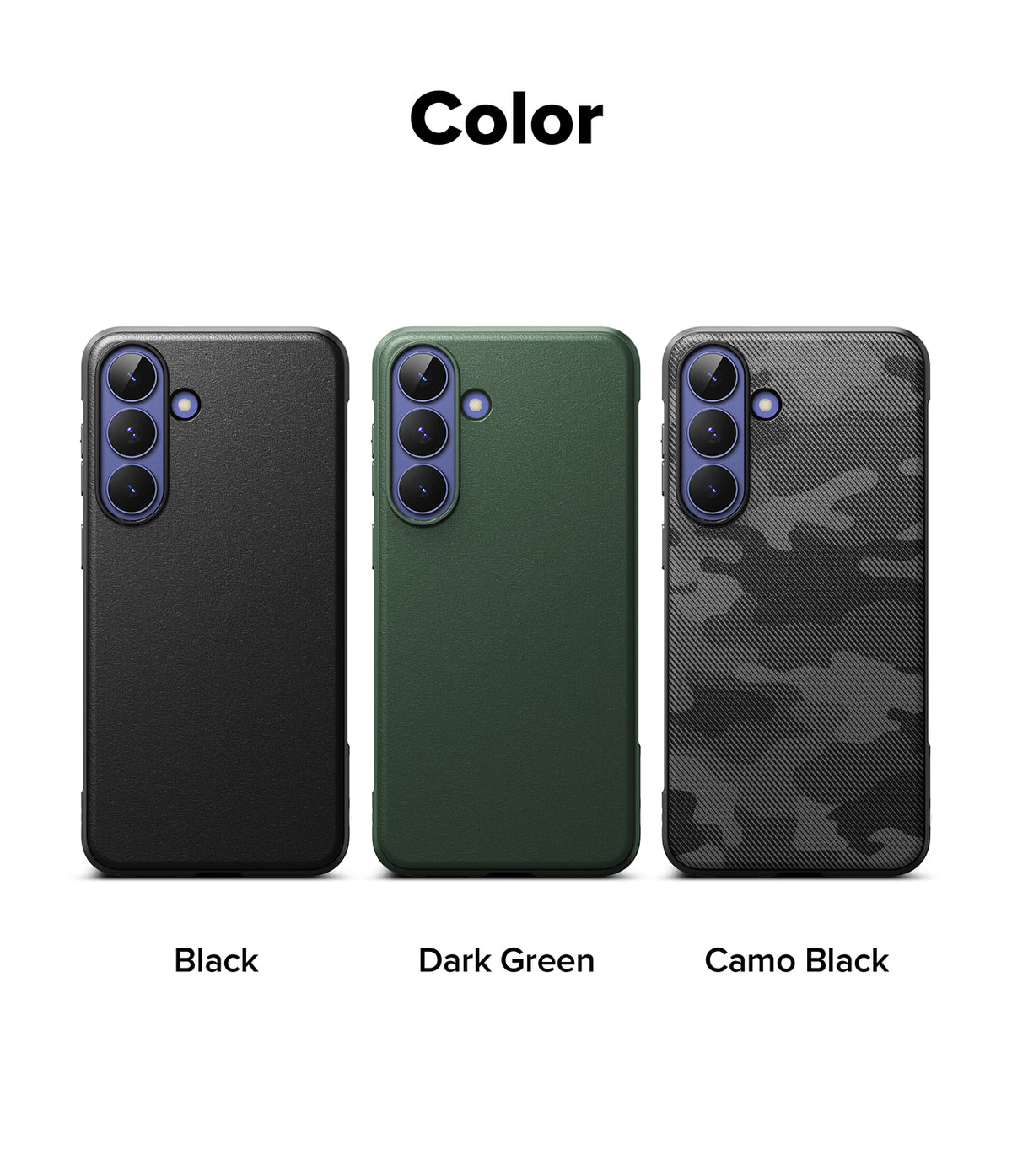Galaxy S26 FE Case | Onyx - Three phone cases shown side by side under the heading 'Color' on a white background, labeled Black, Dark Green, and Camo Black. The left case is matte black, the middle case is dark green, and the right case has a dark gray and black camouflage pattern.