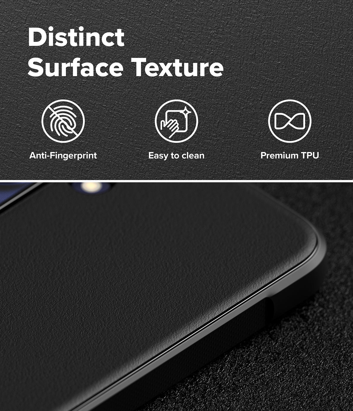 Galaxy S26 FE Case | Onyx - Close-up of a black textured phone case with a raised lip, shown on a dark textured background with marketing text reading 'Distinct Surface Texture,' 'Anti-Fingerprint,' 'Easy to clean,' and 'Premium TPU.'.