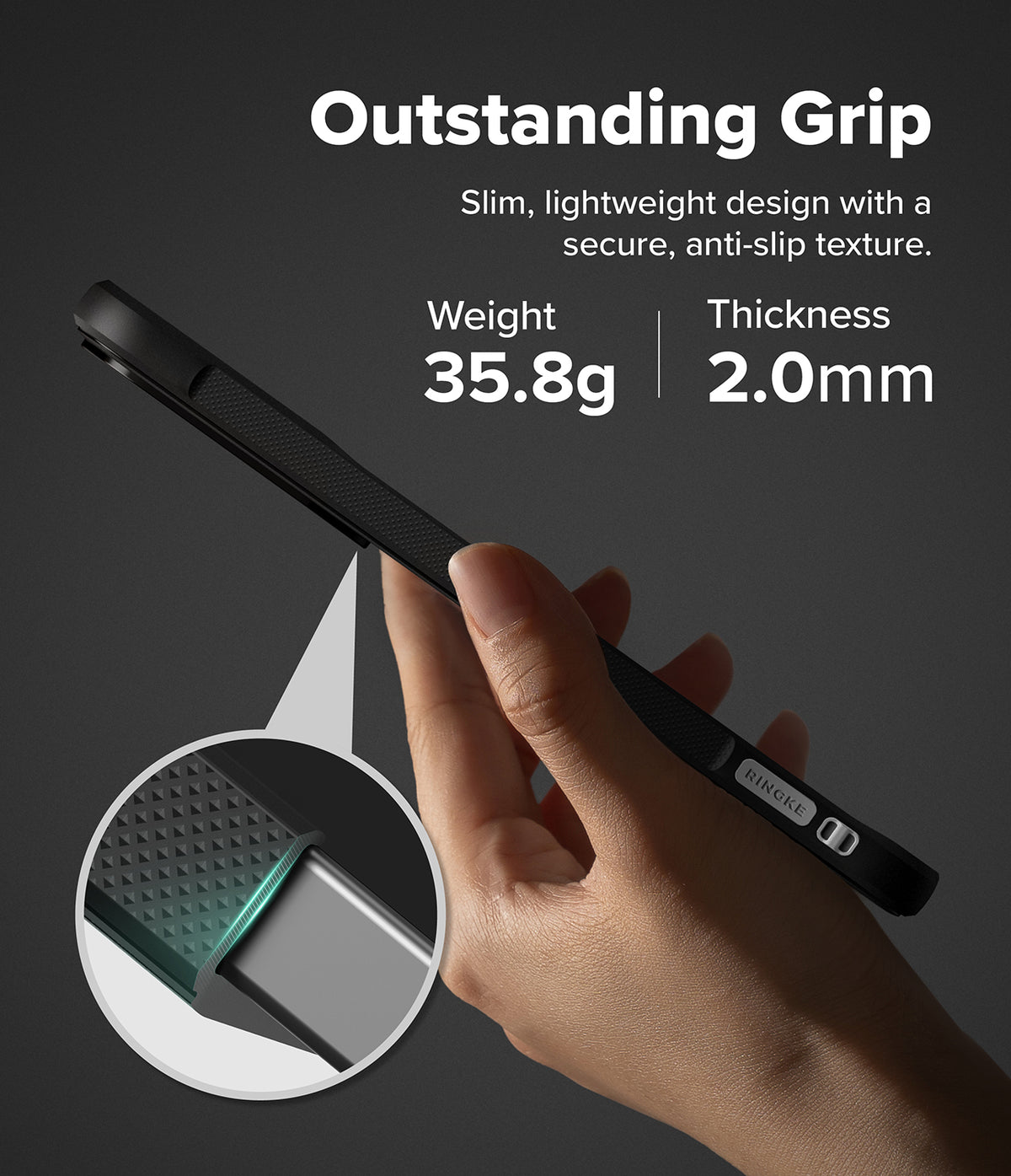 Galaxy S26 FE Case | Onyx - A hand holding a slim black phone case against a dark gray background, with marketing text reading 'Outstanding Grip' and feature callouts including weight 35.8g and thickness 2.